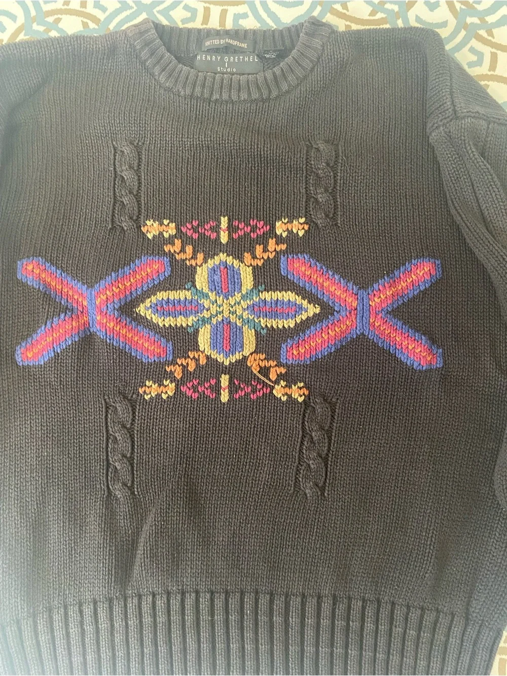 Vintage Henry Grethel studio Sweater with Colorful Geometric Embroidery